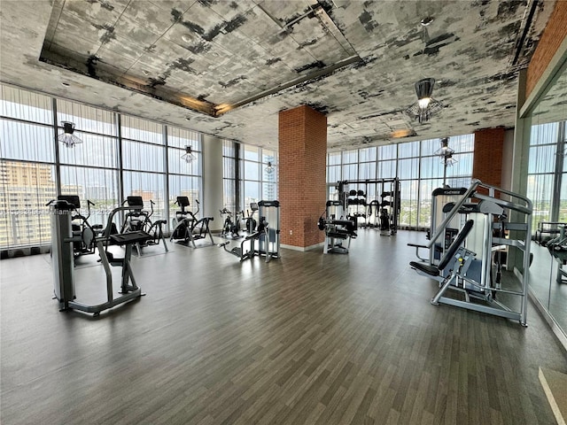 exercise room featuring hardwood / wood-style floors, expansive windows, and ceiling fan