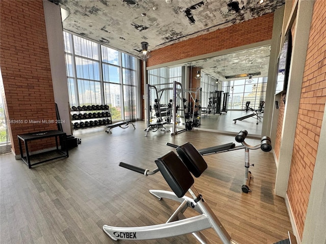 exercise room with a high ceiling, floor to ceiling windows, and hardwood / wood-style flooring