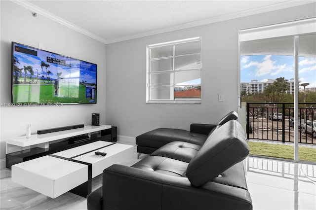 living room with a textured ceiling, ornamental molding, and light tile flooring