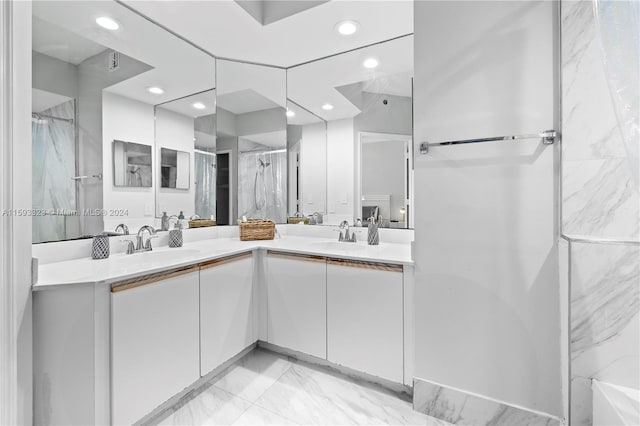 bathroom featuring dual bowl vanity and tile flooring