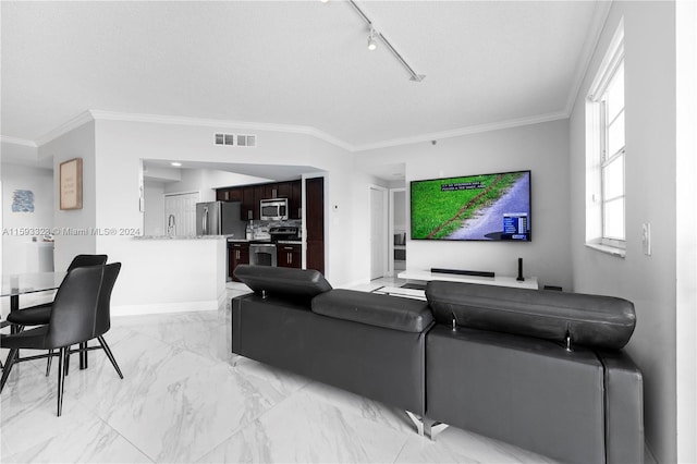 tiled living room with sink, a textured ceiling, ornamental molding, and rail lighting