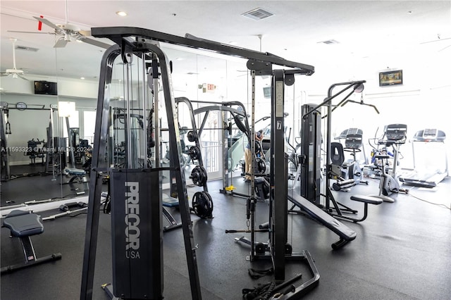 workout area featuring ceiling fan