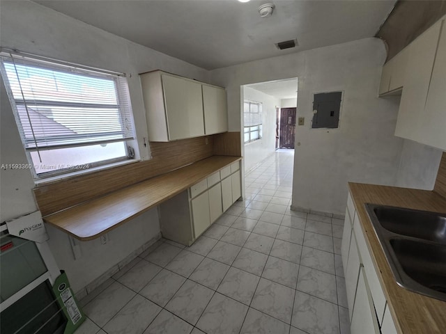 kitchen with electric panel, sink, and white cabinets