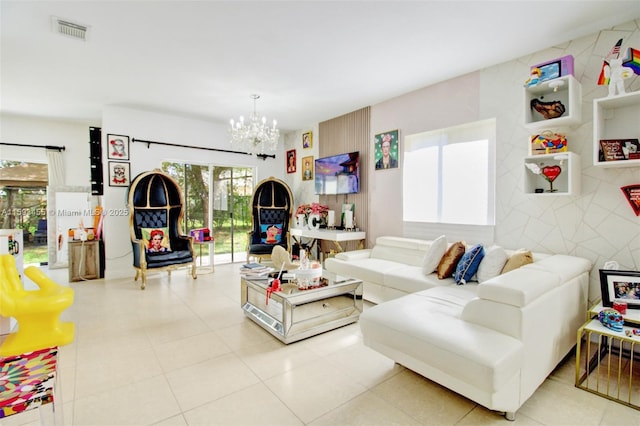 living room featuring a chandelier