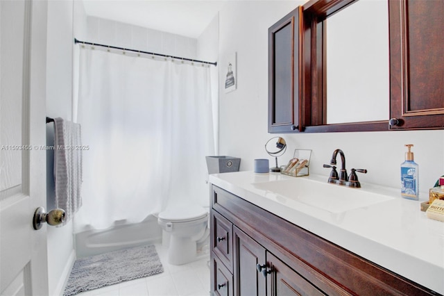 full bathroom featuring shower / bathtub combination with curtain, vanity, toilet, and tile patterned flooring