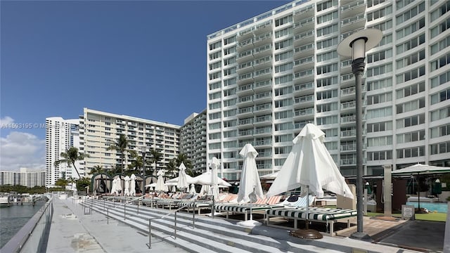 view of building exterior with a water view