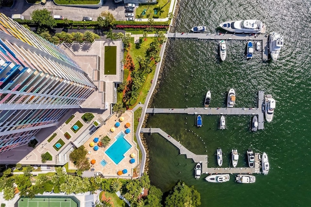 drone / aerial view with a water view