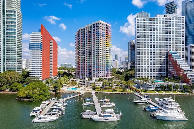 property view of water featuring a boat dock