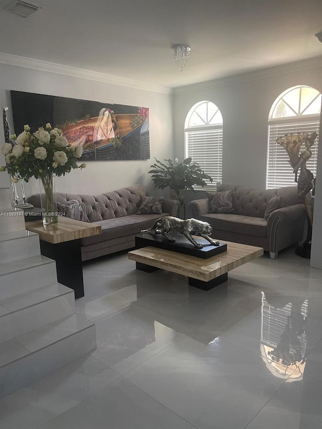 tiled living room with ornamental molding