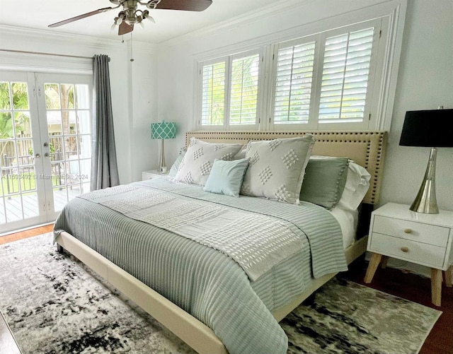 bedroom featuring crown molding, multiple windows, access to outside, and ceiling fan