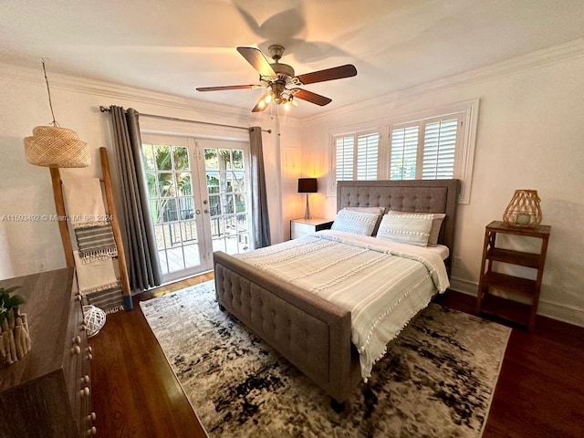 bedroom with ceiling fan, access to outside, hardwood / wood-style flooring, crown molding, and french doors