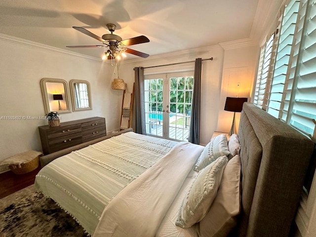 bedroom with french doors, ceiling fan, ornamental molding, and access to exterior