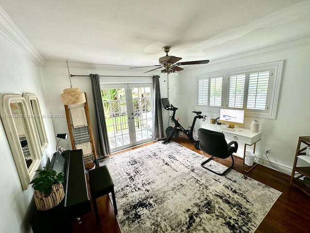 office space with crown molding, dark hardwood / wood-style floors, french doors, and ceiling fan