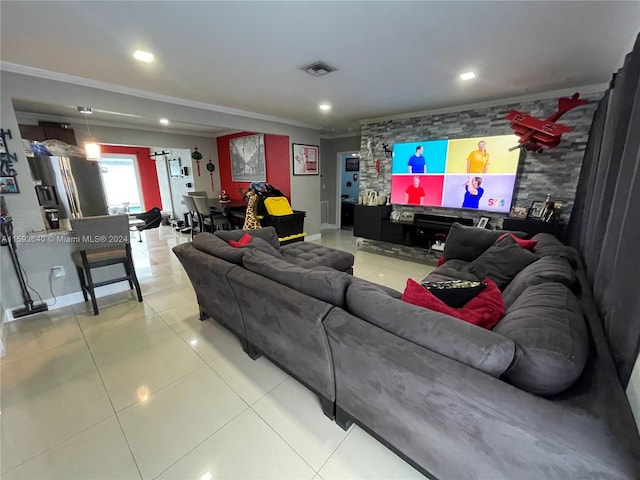 tiled living room with ornamental molding