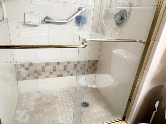 bathroom featuring a shower with shower door