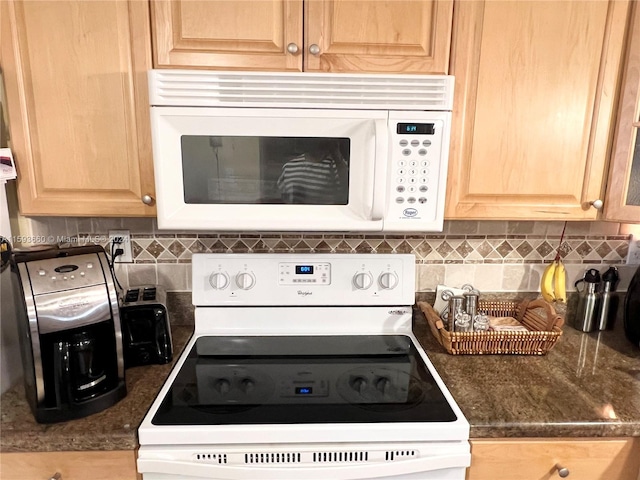 kitchen with white appliances, tasteful backsplash, and light brown cabinetry