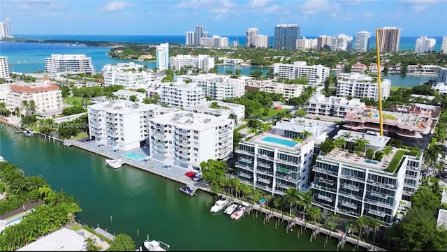 aerial view featuring a water view