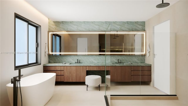 bathroom featuring decorative backsplash, vanity, and plus walk in shower