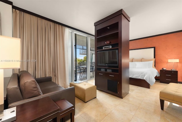 tiled bedroom with floor to ceiling windows and access to exterior