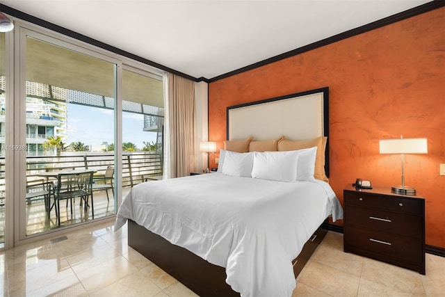 bedroom featuring light tile floors, ornamental molding, and access to exterior