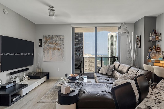 living room featuring expansive windows and light wood-type flooring