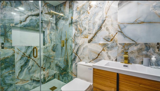 bathroom featuring tile walls, a shower with shower door, toilet, and vanity