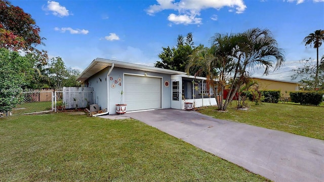 single story home with a garage and a front yard