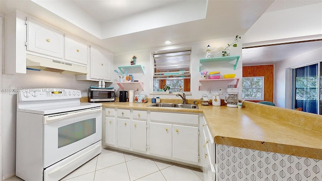 kitchen featuring premium range hood, sink, white range with electric cooktop, white cabinets, and light tile patterned floors