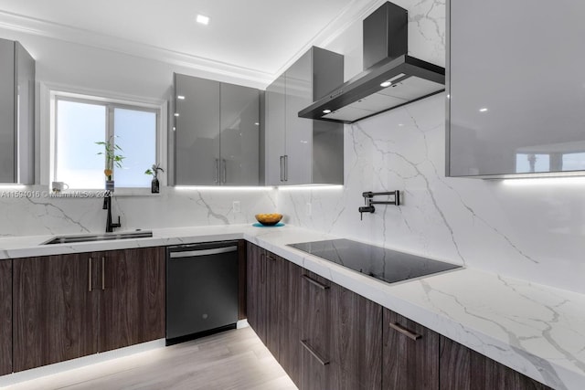 kitchen featuring black electric stovetop, tasteful backsplash, dishwasher, wall chimney range hood, and ornamental molding