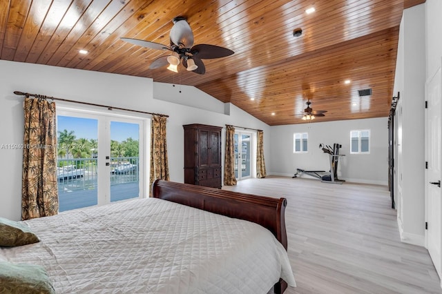 bedroom featuring french doors, light wood-type flooring, wooden ceiling, ceiling fan, and vaulted ceiling