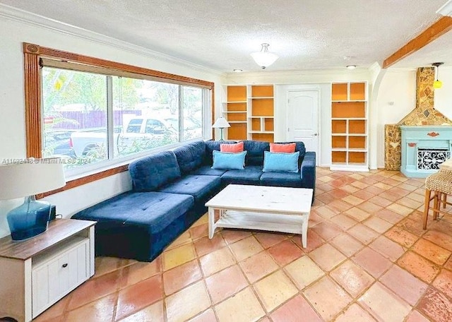 living room featuring tile floors, built in features, ornamental molding, and a textured ceiling