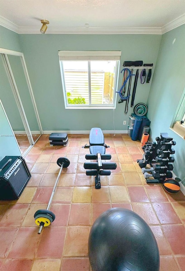 exercise room with crown molding