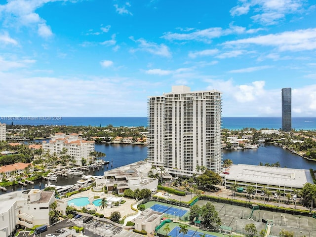 drone / aerial view with a water view