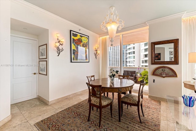 dining area with a notable chandelier, crown molding, and light tile flooring