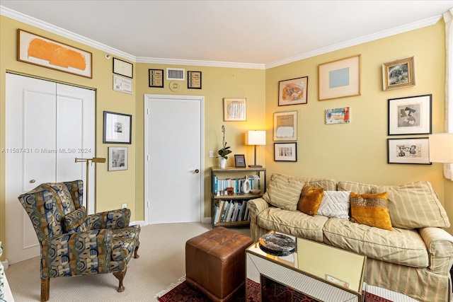 living room featuring carpet and ornamental molding