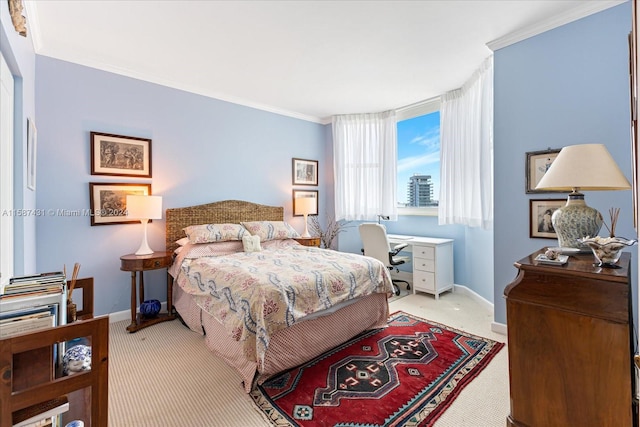 carpeted bedroom with crown molding