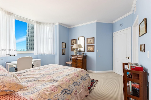 carpeted bedroom featuring crown molding