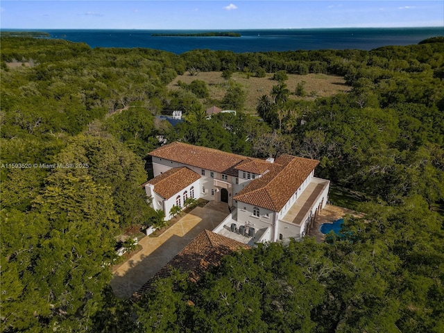 drone / aerial view featuring a water view