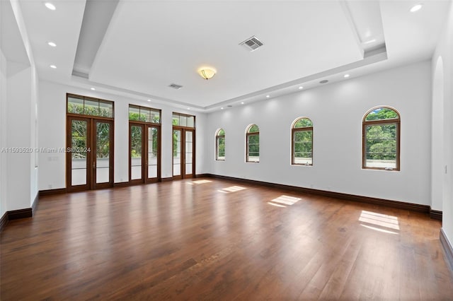 spare room featuring a raised ceiling, french doors, and dark wood-type flooring