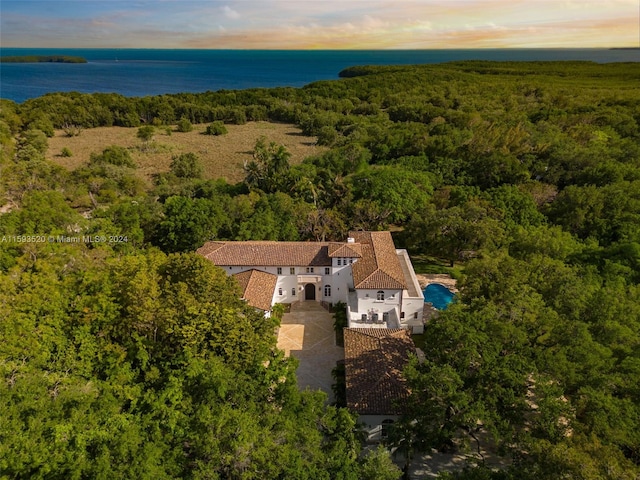 aerial view at dusk featuring a water view