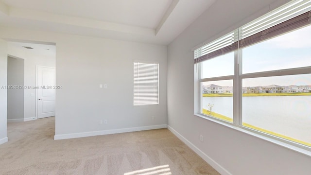 spare room featuring a healthy amount of sunlight, light carpet, and a water view