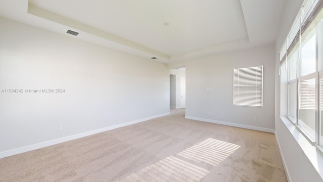 carpeted empty room with a raised ceiling