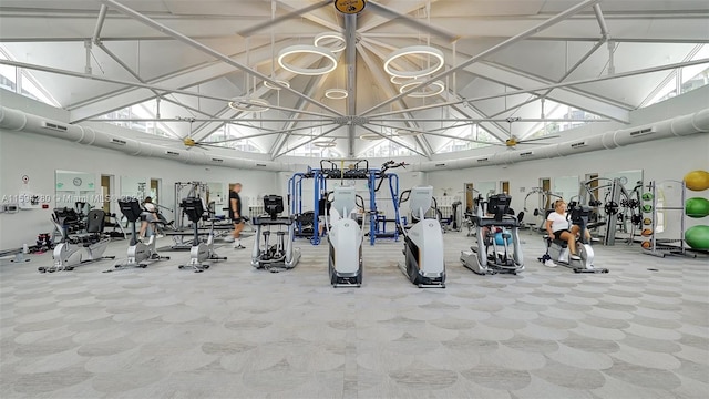 workout area featuring a high ceiling