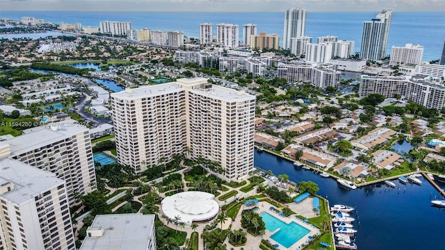 bird's eye view with a water view