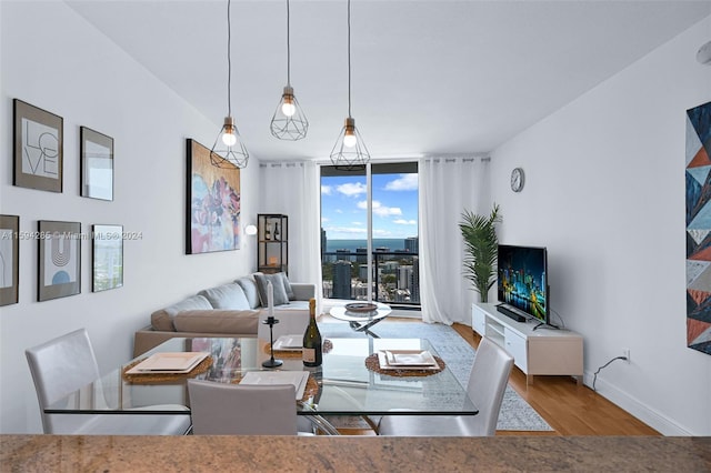 living room featuring a wall of windows and hardwood / wood-style flooring