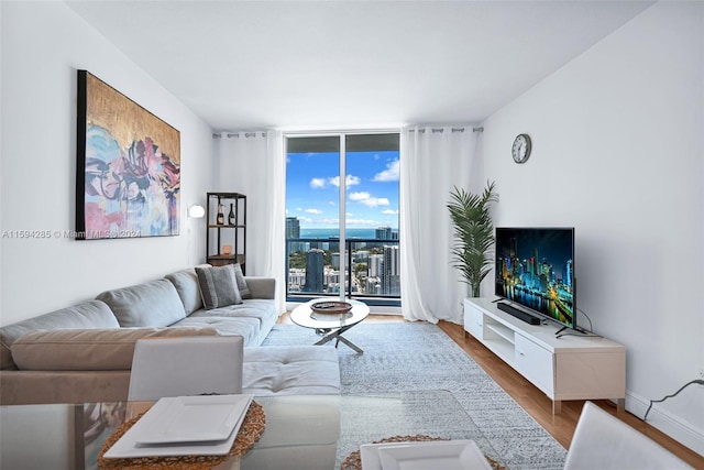 living room with floor to ceiling windows and hardwood / wood-style flooring