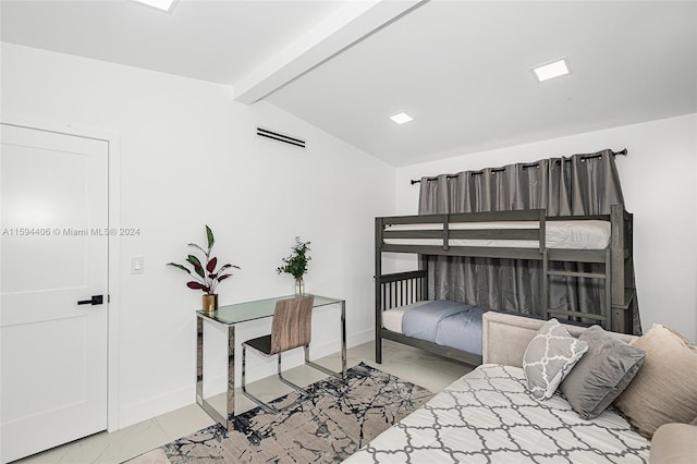 bedroom with tile floors and vaulted ceiling with beams