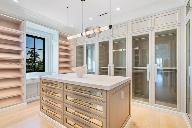 spacious closet with light wood-type flooring and visible vents