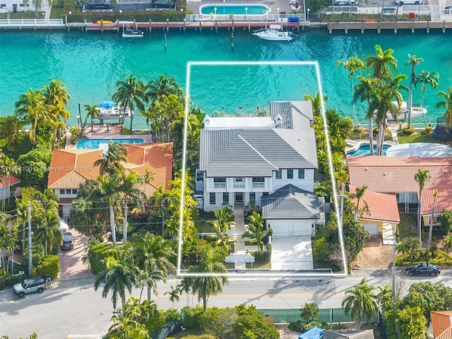 drone / aerial view featuring a water view