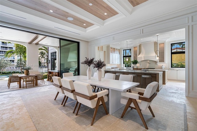 dining room featuring crown molding, recessed lighting, beam ceiling, and a healthy amount of sunlight